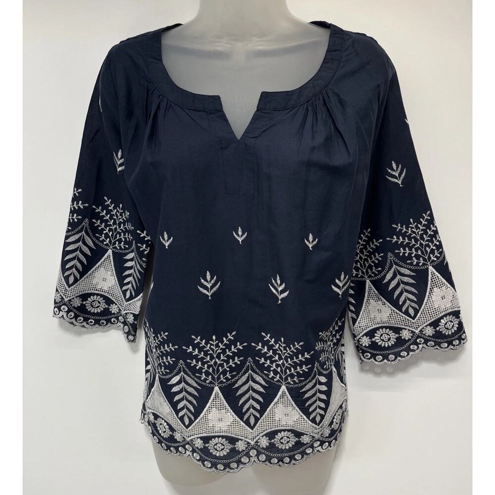MONORENO Blue Peasant Shirt Size Small Cotton Gauze Crochet Relaxed Top NWT
